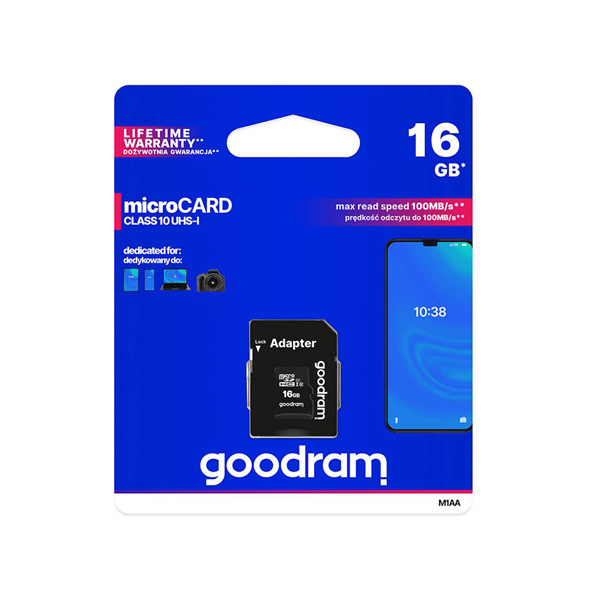 Micro SD 16GB, class 10 + адаптер, GOODRAM