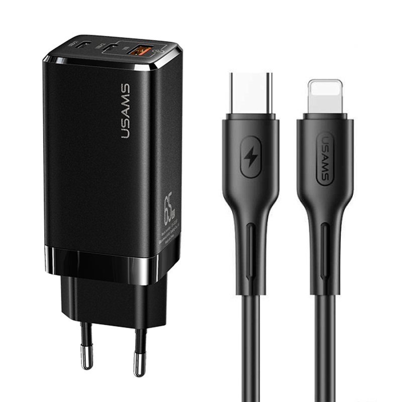USAMS 220V 65W, USB-A + 2xUSB-C, кабел C-L, черен