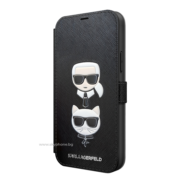 Karl Lagerfeld Калъф Apple iPhone 12 mini, Saffiano K/C Heads Book Case, черен - KLFLBKP12SSAKICKCBK