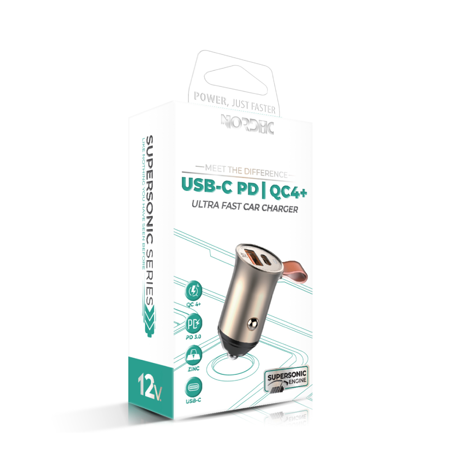 NORDIC 12V 30W, USB-A + USB-C, кабел A-C, Supersonic