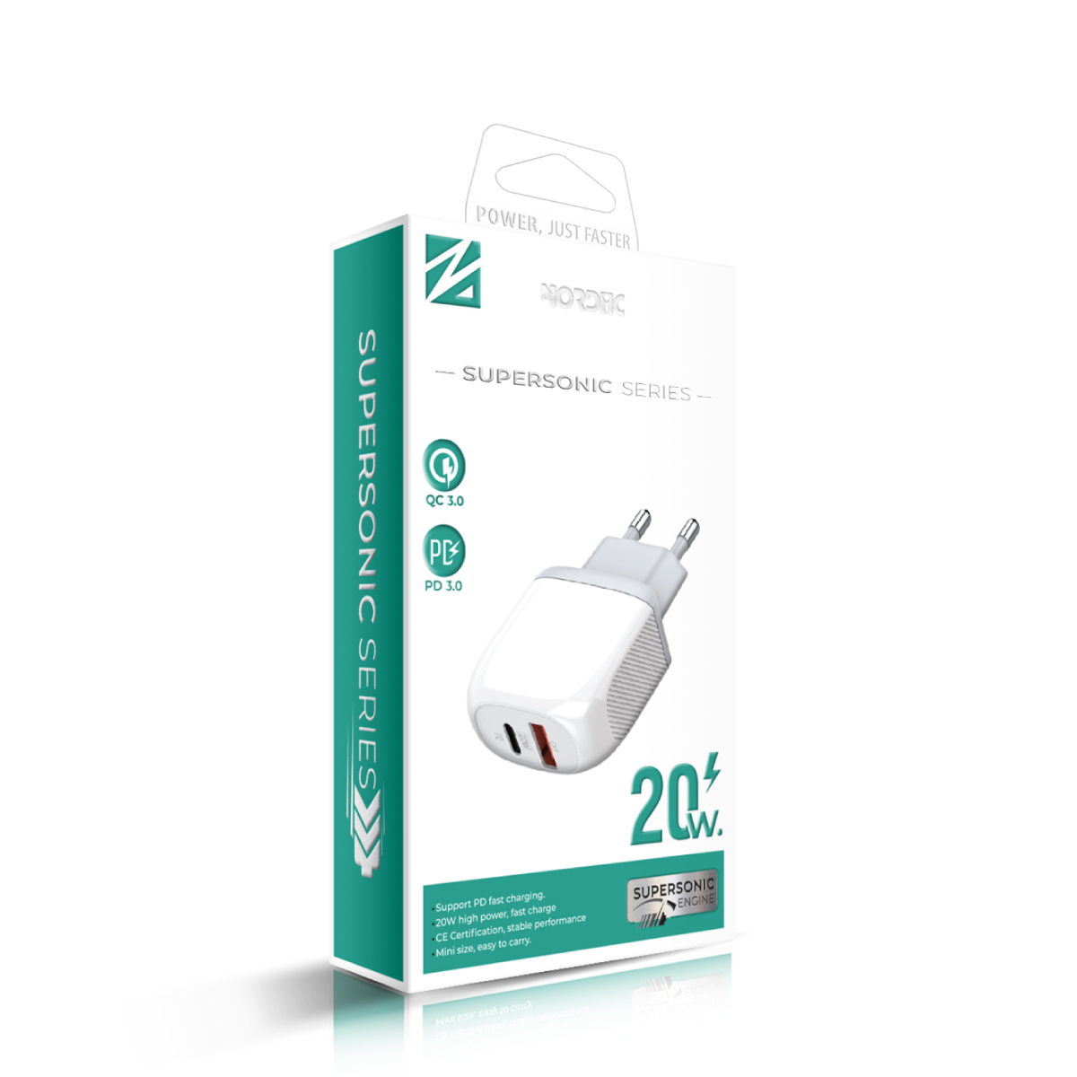 NORDIC 220V 20W, USB-A + USB-C, бял