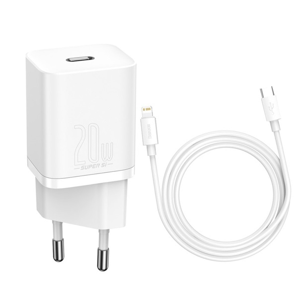 BASEUS 220V 20W, USB-C, кабел C-L, Super Si, бял - TZCCSUP-B02