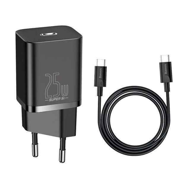 BASEUS 220V 25W, USB-C, кабел C-C, Super Si, черен - TZCCSUP-L01