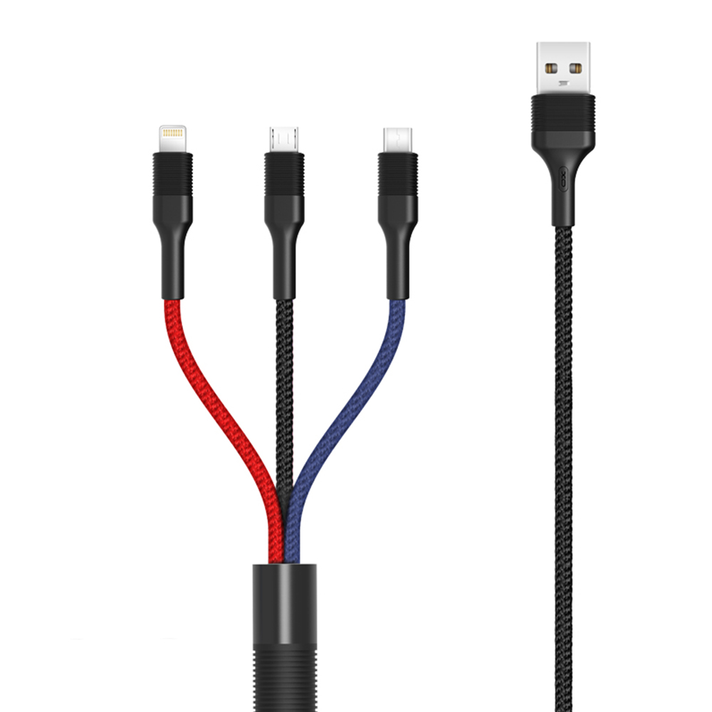 XO Кабел 3 в 1, USB-A към Lightning - Type-C - Micro USB, 1.2м, 3A, NB54