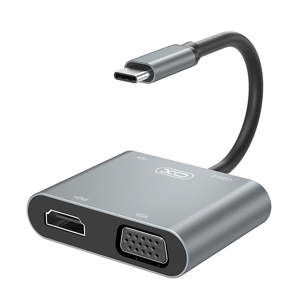 HUB Type-C to USB-A + USB-C(PD) + HDMI + VGA, XO HUB001 /silver/