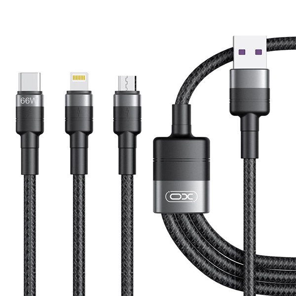 XO Кабел 3 в 1, USB-A към Lightning+Type-C+Micro USB, 1.2м, 40W, 4A, NB-Q191 /черен/