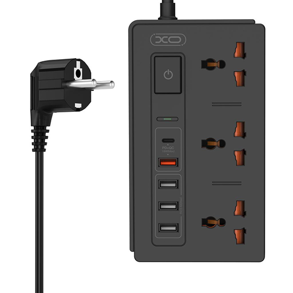 Разклонител XO, 3 Sockets + 4 USB + USB-C (30W), WL06 /черен/