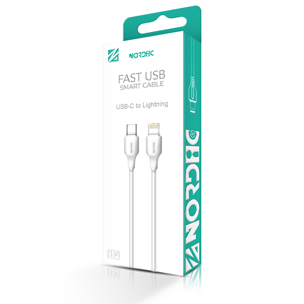 NORDIC Кабел Type-C - Lightning, 1м, 30W /бял/