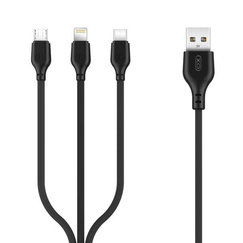 XO Кабел 3 в 1, USB-A към Lightning+Type-C+Micro USB, 1м, 2.1A, NB103 /черен/