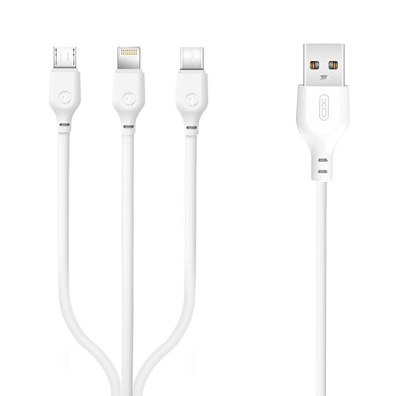 XO Кабел 3 в 1, USB-A към Lightning+Type-C+Micro USB, 1м, 2.1A, NB103 /бял/