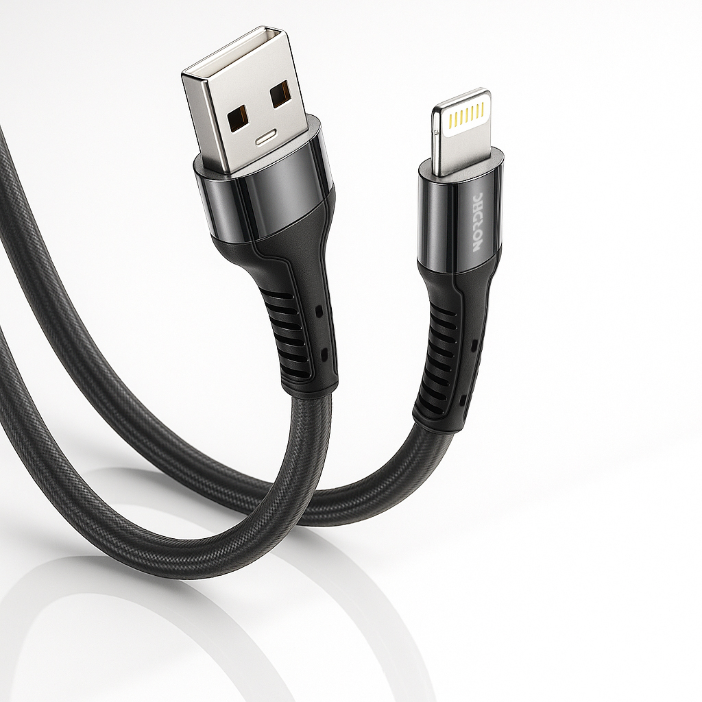 NORDIC Кабел USB-A - Lightning, 2м, 40W, Braided /черен/
