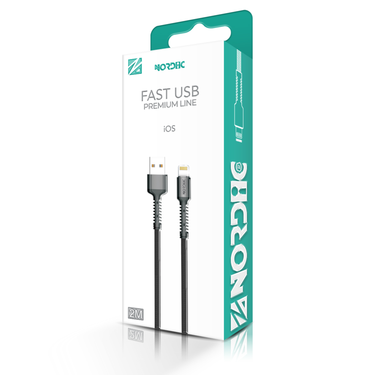 NORDIC Кабел USB-A - Lightning, 2м, Braided /черен/