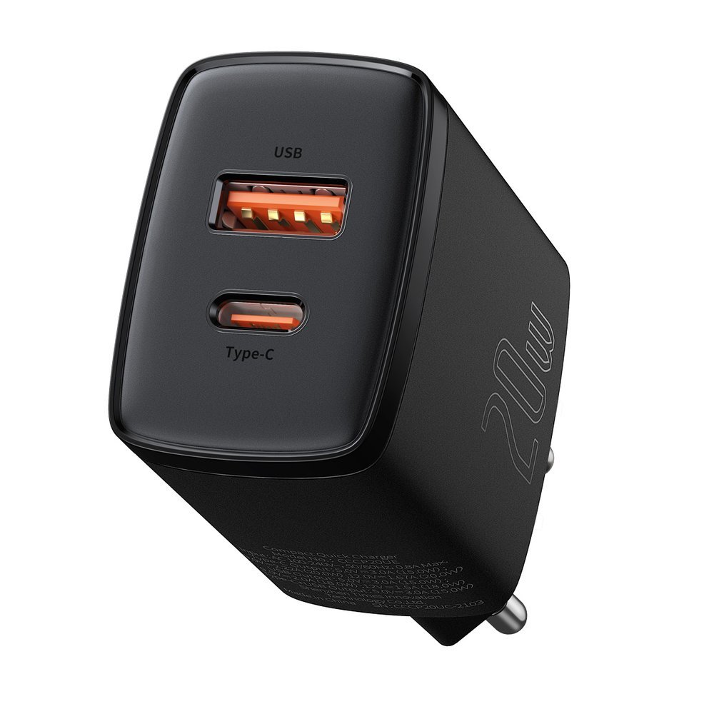 BASEUS 220V 20W, USB-A + USB-C, Compact, черен - CCXJ-B01