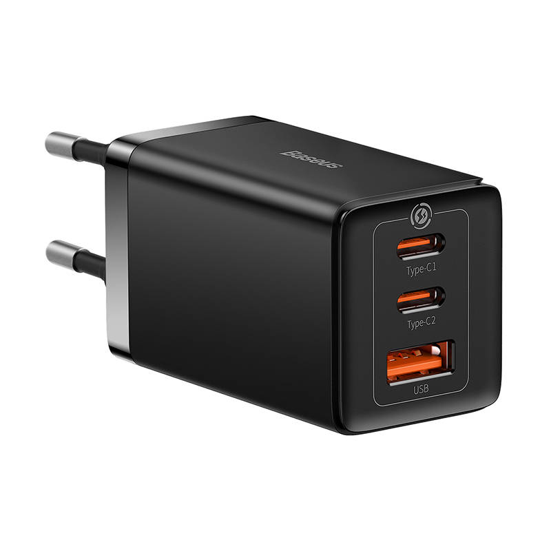 BASEUS 220V 65W, USB-A + 2xUSB-C, кабел C-C, GaN5 Pro, черен - CCGP120201