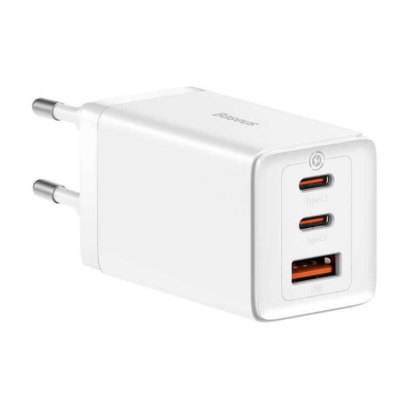 BASEUS 220V 65W, USB-A + 2xUSB-C, кабел C-C, GaN5 Pro, бял - CCGP120202