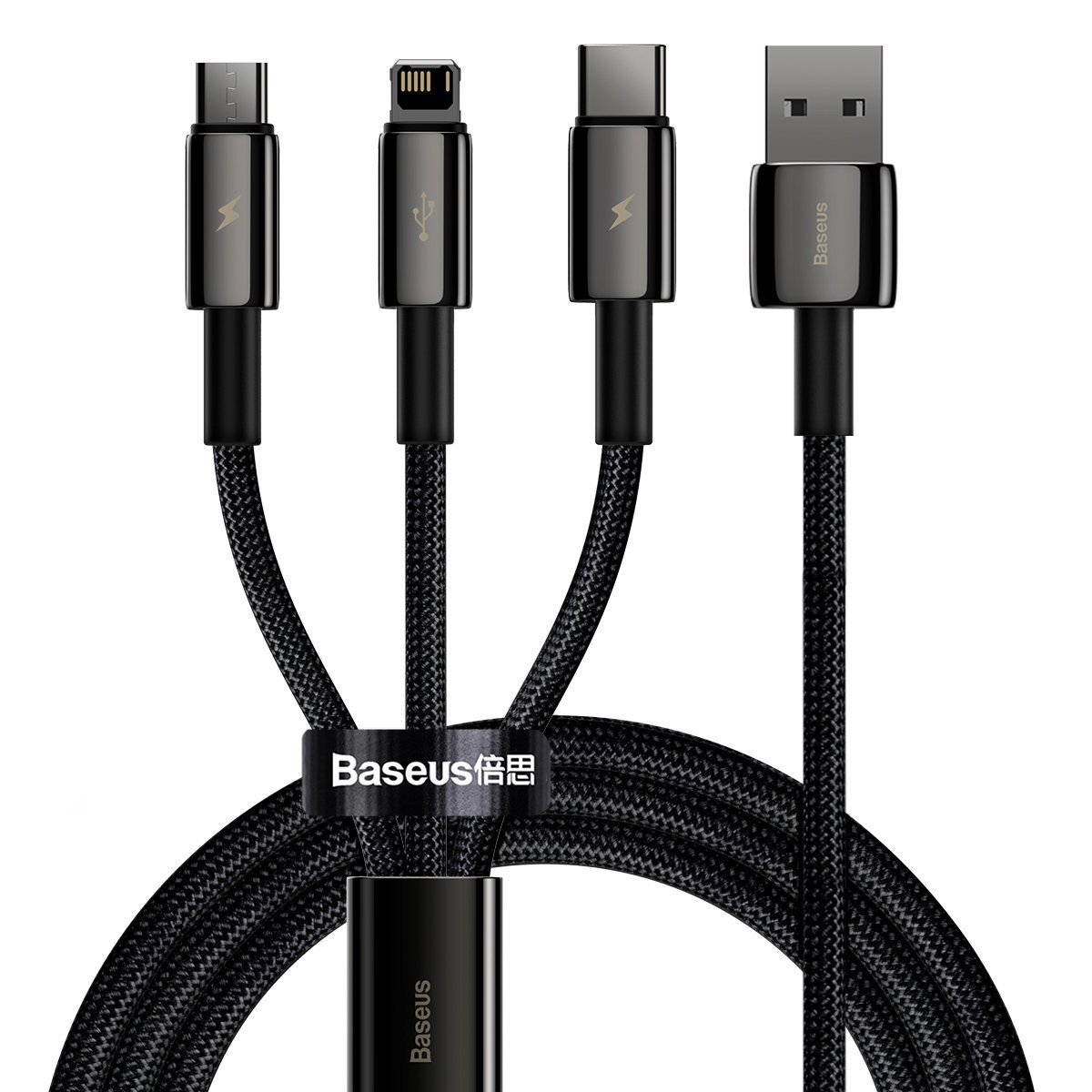 BASEUS Кабел 3 в 1, USB-A към Lightning+xUSB-C+Micro USB, 1.5м, 3.5A, Tungsten Gold, CAMLTWJ-01 /черен/