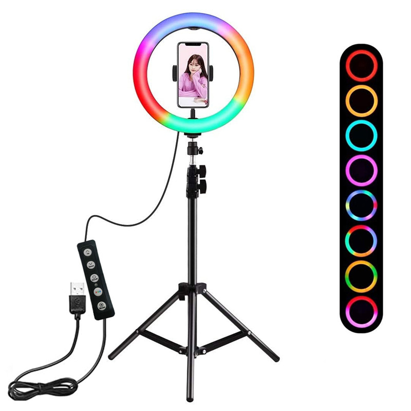 LED Селфи лампа 26см RGB (цветна) + Tripod стойка 200см
