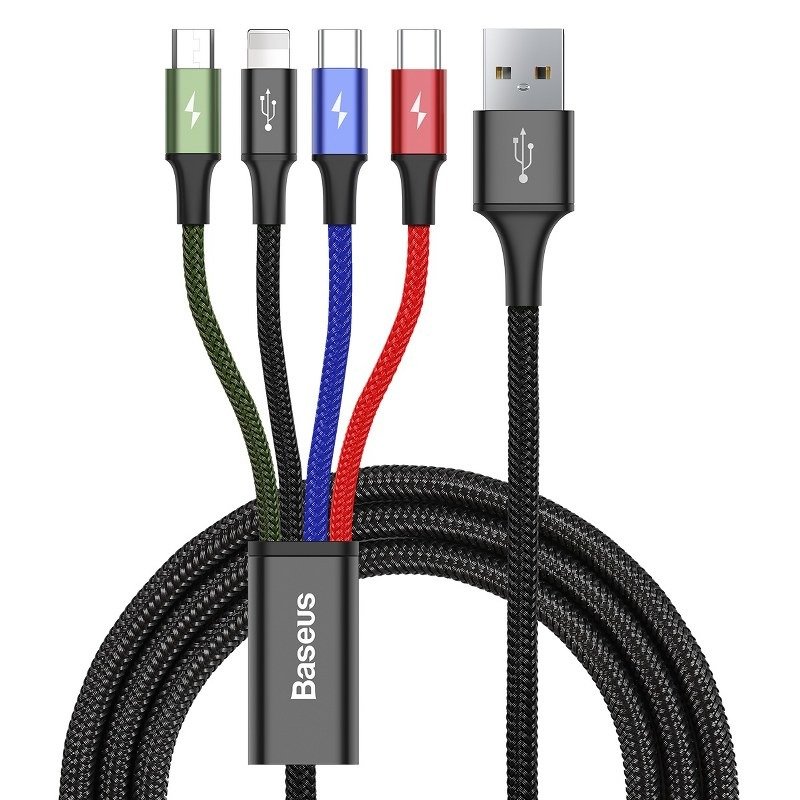 BASEUS Кабел 4 в 1, USB-A към Lightning+2xUSB Type-C+Micro USB,1.2м, 3.5A, Fast (2x Type-C), CA1T4-B01 /черен/