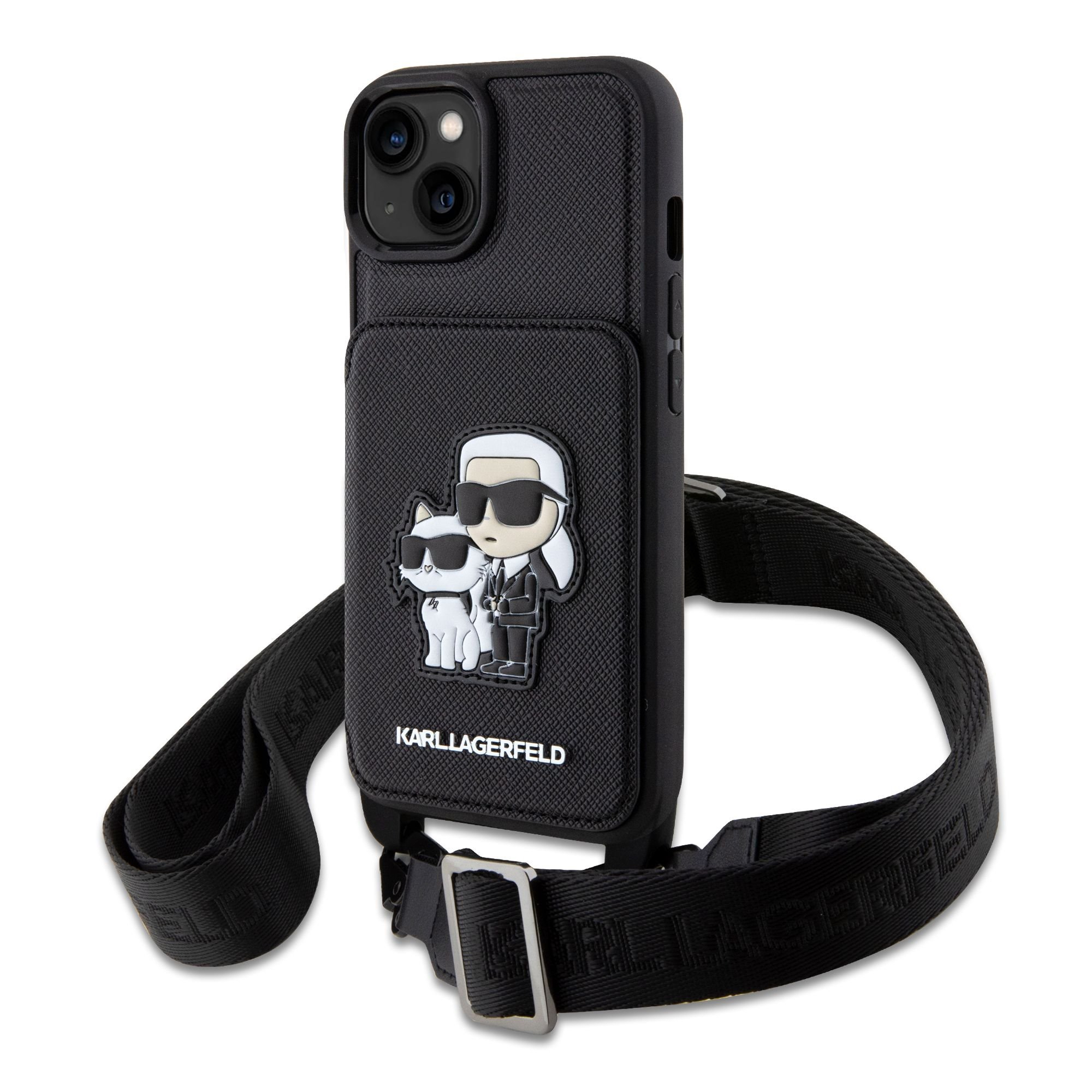 Karl Lagerfeld Калъф Apple iPhone 14, Saffiano Crossbody K/C NFT + Wrist Strap, черен - KLHCP14SCSAKCPMK