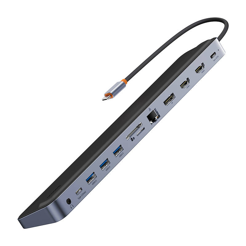BASEUS Хъб 12 в 1 от Type-C към 3xUSB3.0 + 2xHDMI 4K + USB-C (PD, 100W) + DP + TF/microSD + RJ45 + USB-C (Data) + 3.5мм, WKSX030213 /сив/