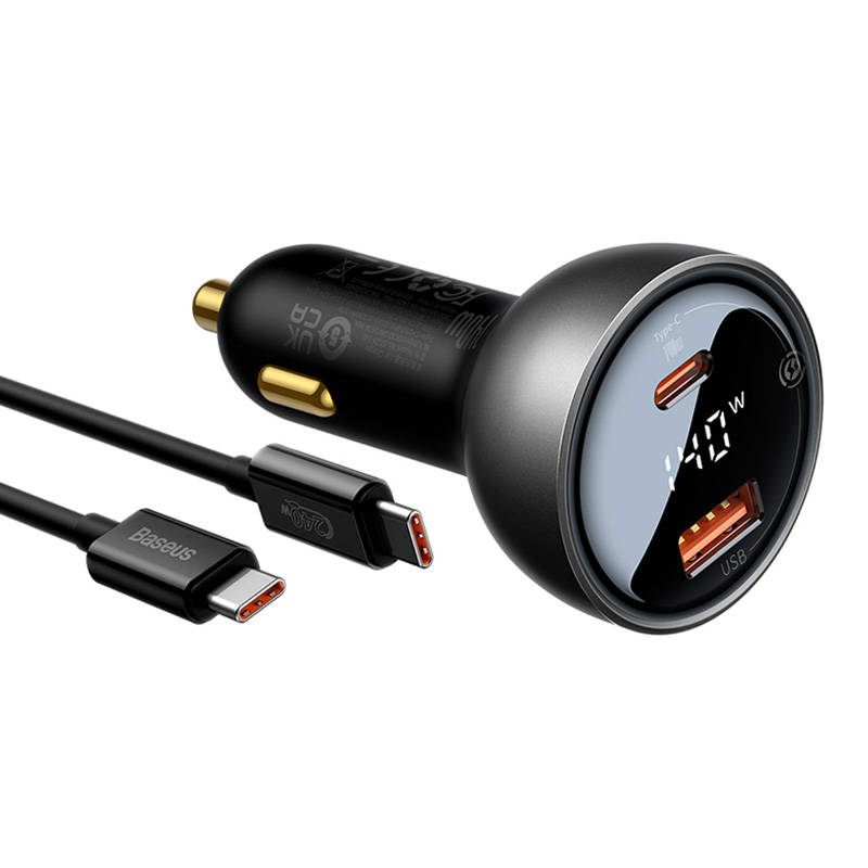 BASEUS 12V 140W, USB-A + USB-C, кабел C-C, Supreme, черен - CGZX070001