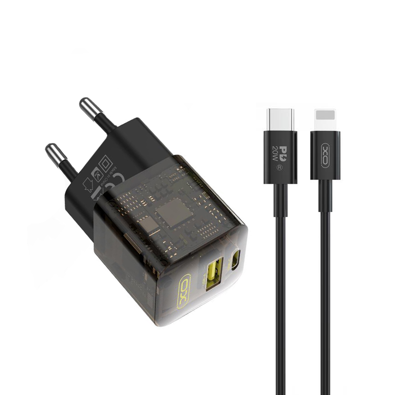 XO 220V 30W USB-A + USB-C, кабел C-L, Transparent Series, кафяв - CE05