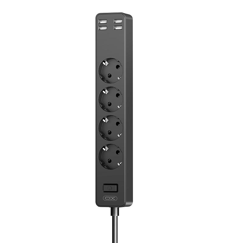 Разклонител XO 2500W, 4Sockets + 4USB + Power button, WL10 /черен/