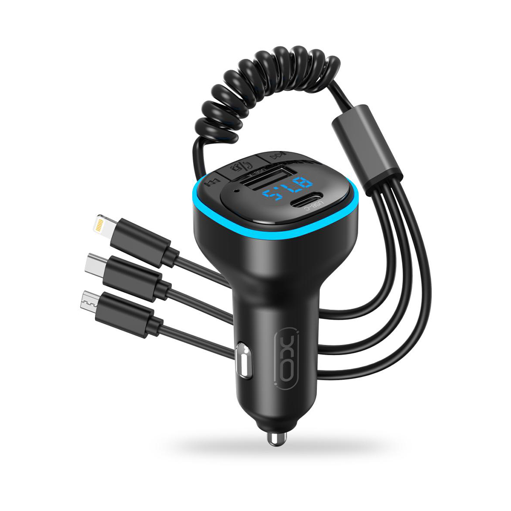 XO MP3 Wireless FM Transmitter 15.3W, QC, 3.1A, USB-A, USB-C, Ambient Light + 3in1 Cable, BCC07 /черен/