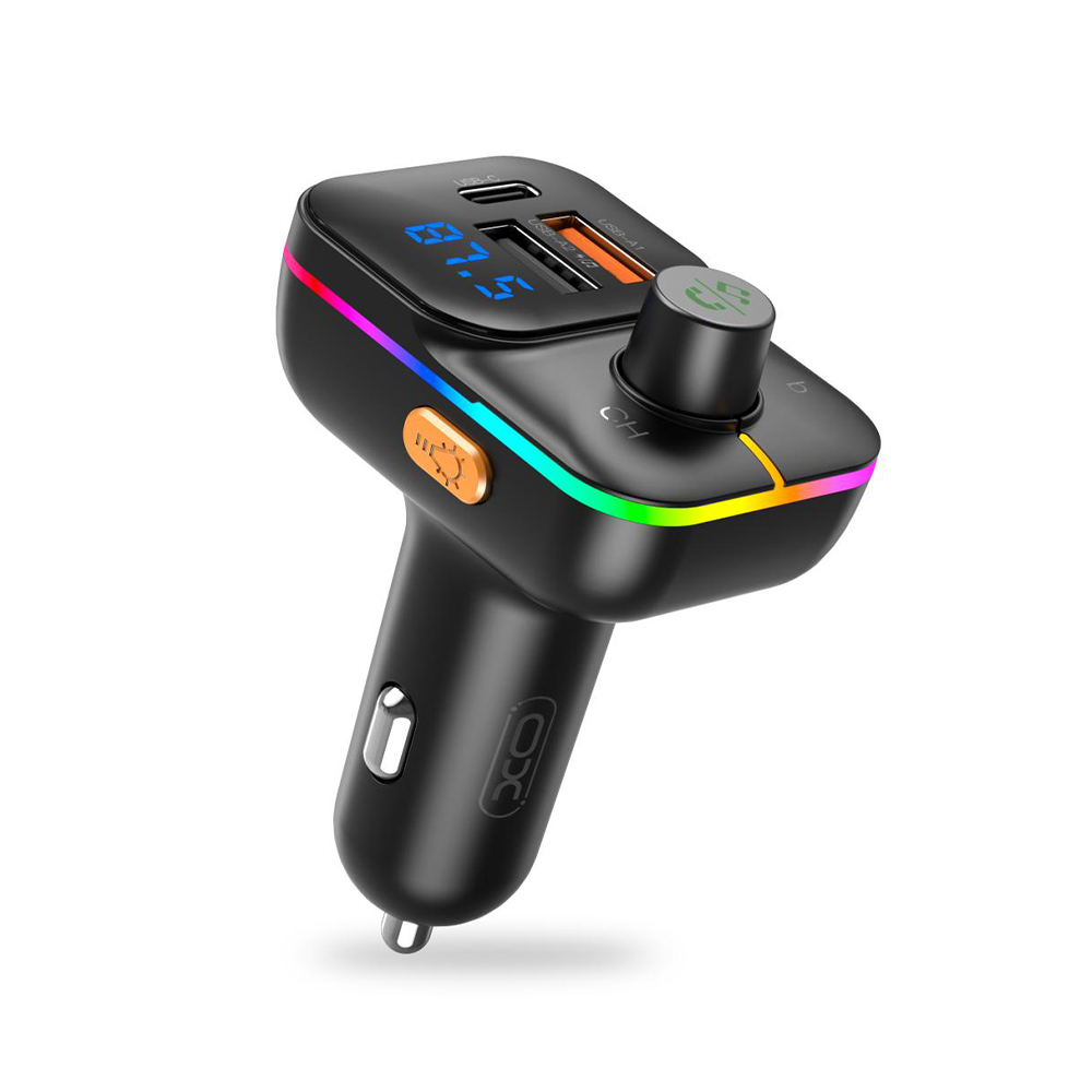 XO MP3 Wireless FM Transmitter 25W, QC, 3.1A, 1xUSB-A, 1xUSB-A/TF Card slot, 1xUSB-C + Ambient light, BCC09 /черен/
