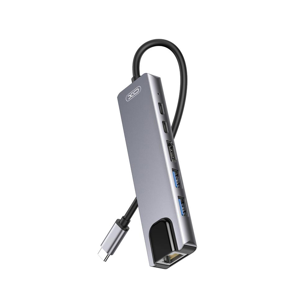 Хъб 6 в 1 от Type-C към USB-A(2.0) + USB-A(3.0) + HDMI 4K + 2xUSB-C(PD 100W) + RJ45, XO HUB013 /сив/