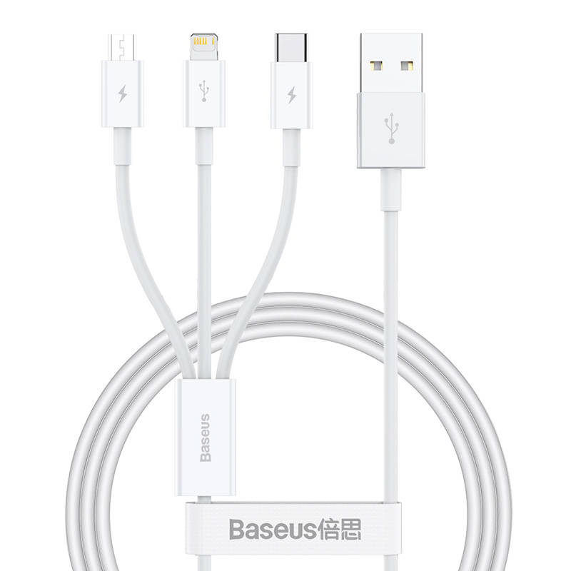 BASEUS Кабел 3 в 1, USB-A към Lightning+USB Type-C+Micro USB, 1м, 3.5A, Superior Data, P10320105221-00 /бял/