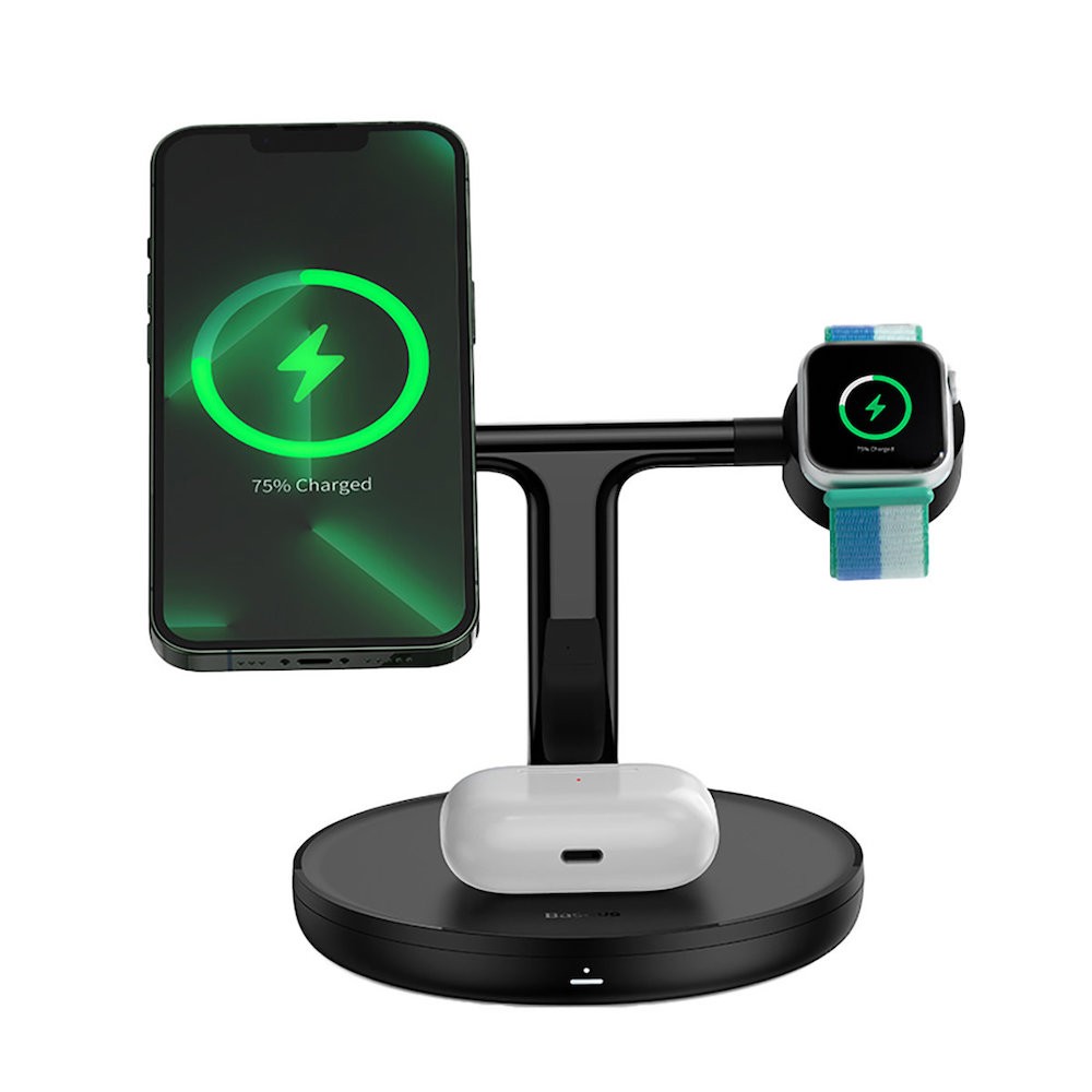 BASEUS 20W Wireless, Swan 3 в 1 + адаптер, за Phone/Apple Watch/Pods, P10221302113-Z1 /черно/