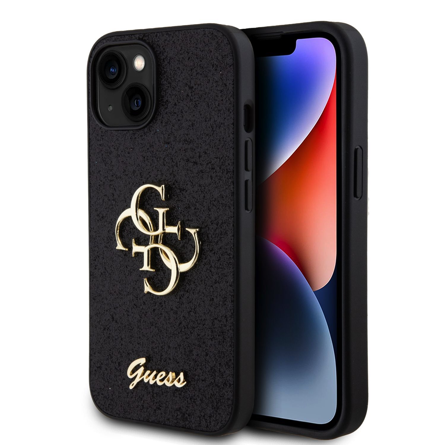 GUESS Калъф Apple iPhone 13, PU Fixed Glitter 4G Metal Logo, черен - GUHCP13MHG4SGK