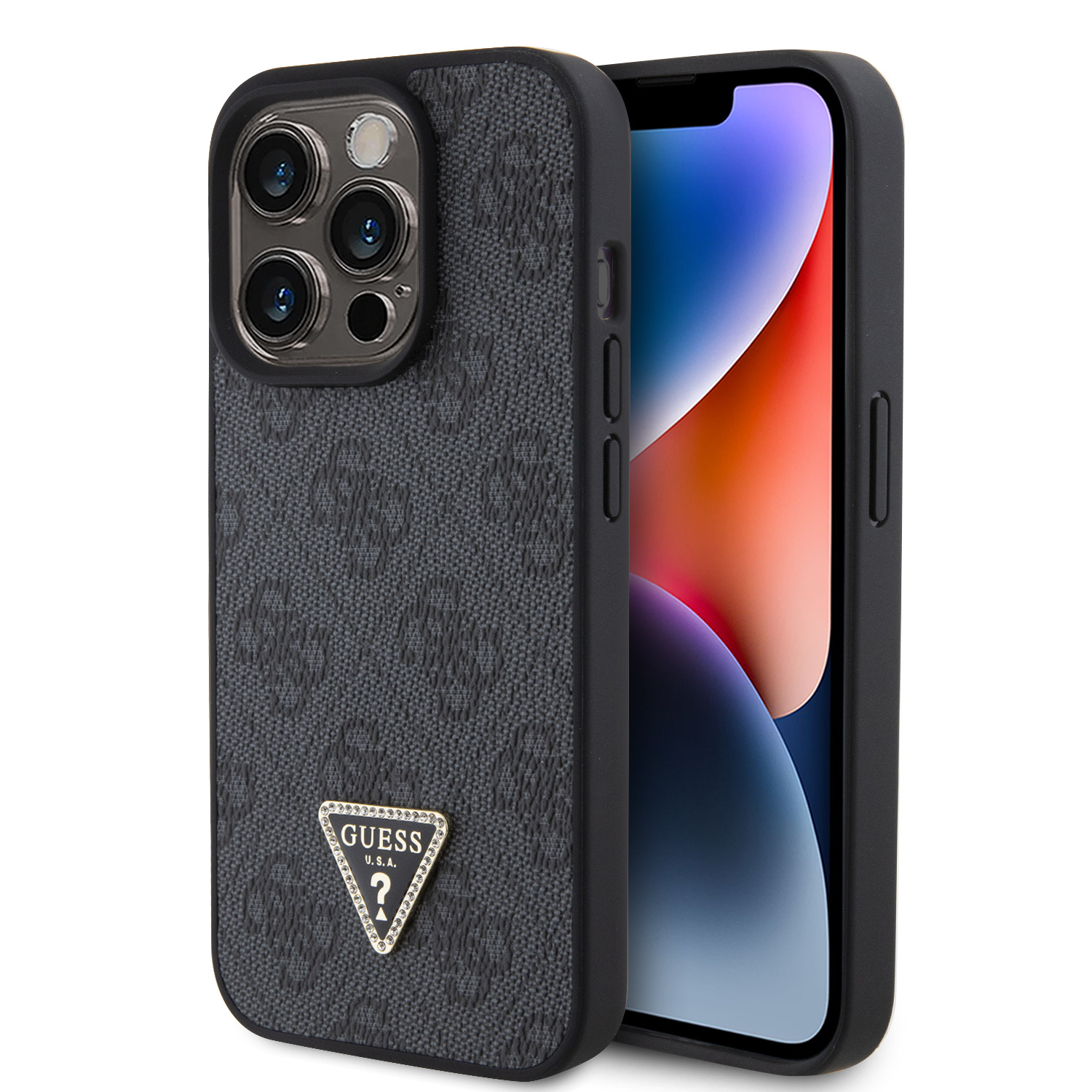 GUESS Калъф Apple iPhone 15 Pro, PU 4G Strass Triangle Metal Logo, сив - GUHCP15LP4TDPK