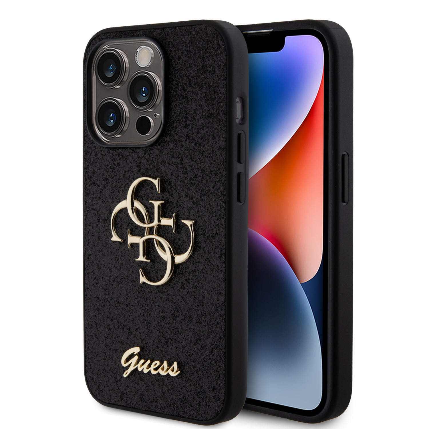GUESS Калъф Apple iPhone 15 Pro, PU Fixed Glitter 4G Metal Logo, черен - GUHCP15LHG4SGK