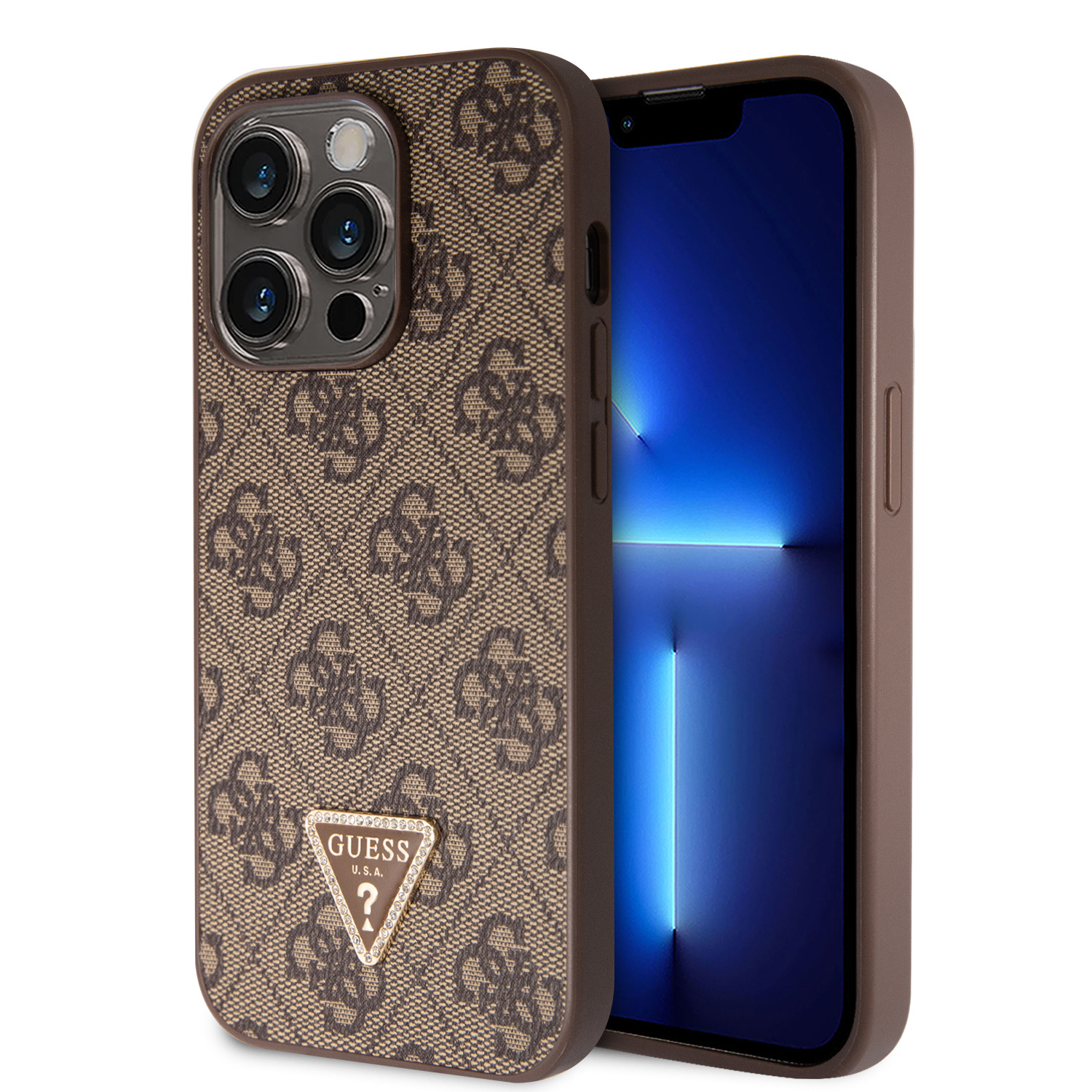 GUESS Калъф Apple iPhone 15 Pro, PU 4G Strass Triangle Metal Logo, кафяв - GUHCP15LP4TDPW