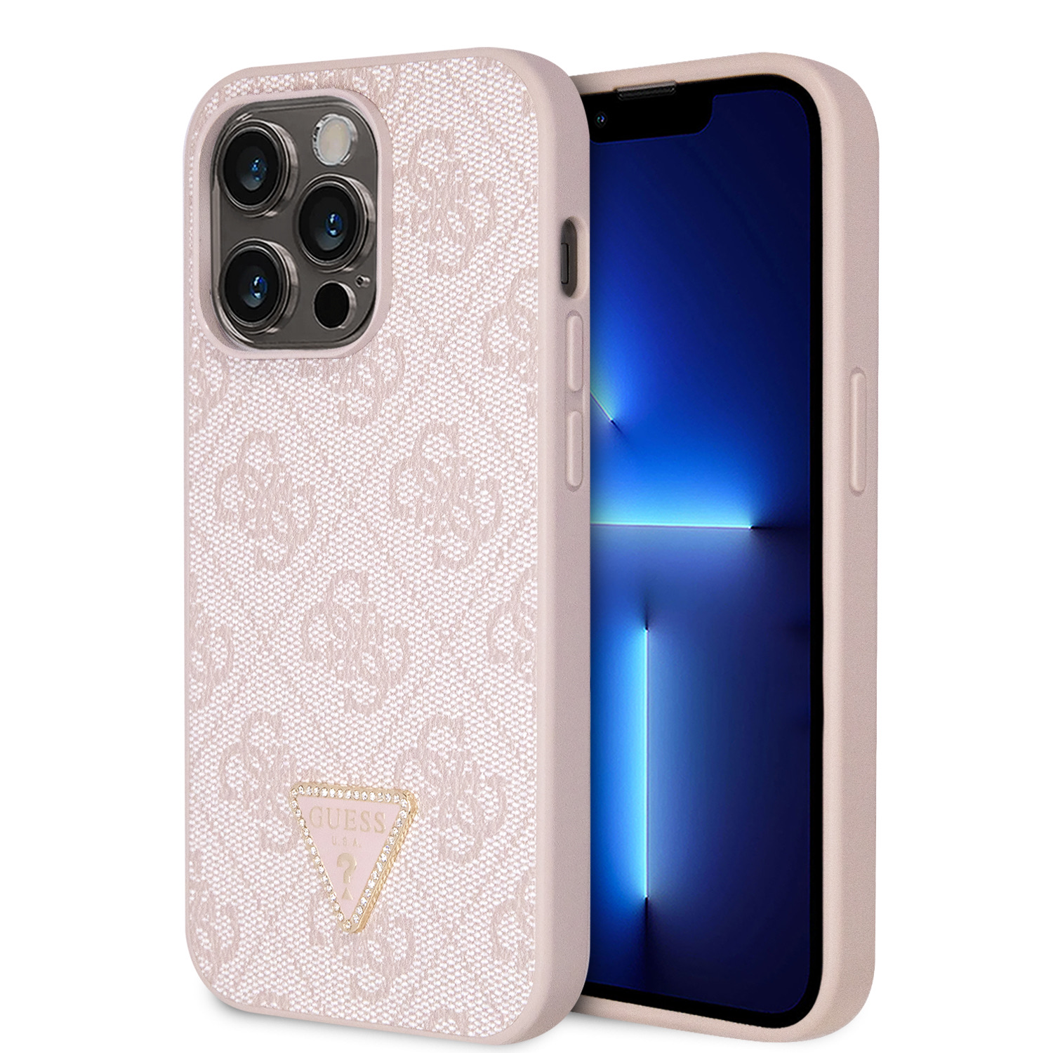 GUESS Калъф Apple iPhone 15 Pro, PU 4G Strass Triangle Metal Logo, розов - GUHCP15LP4TDPP