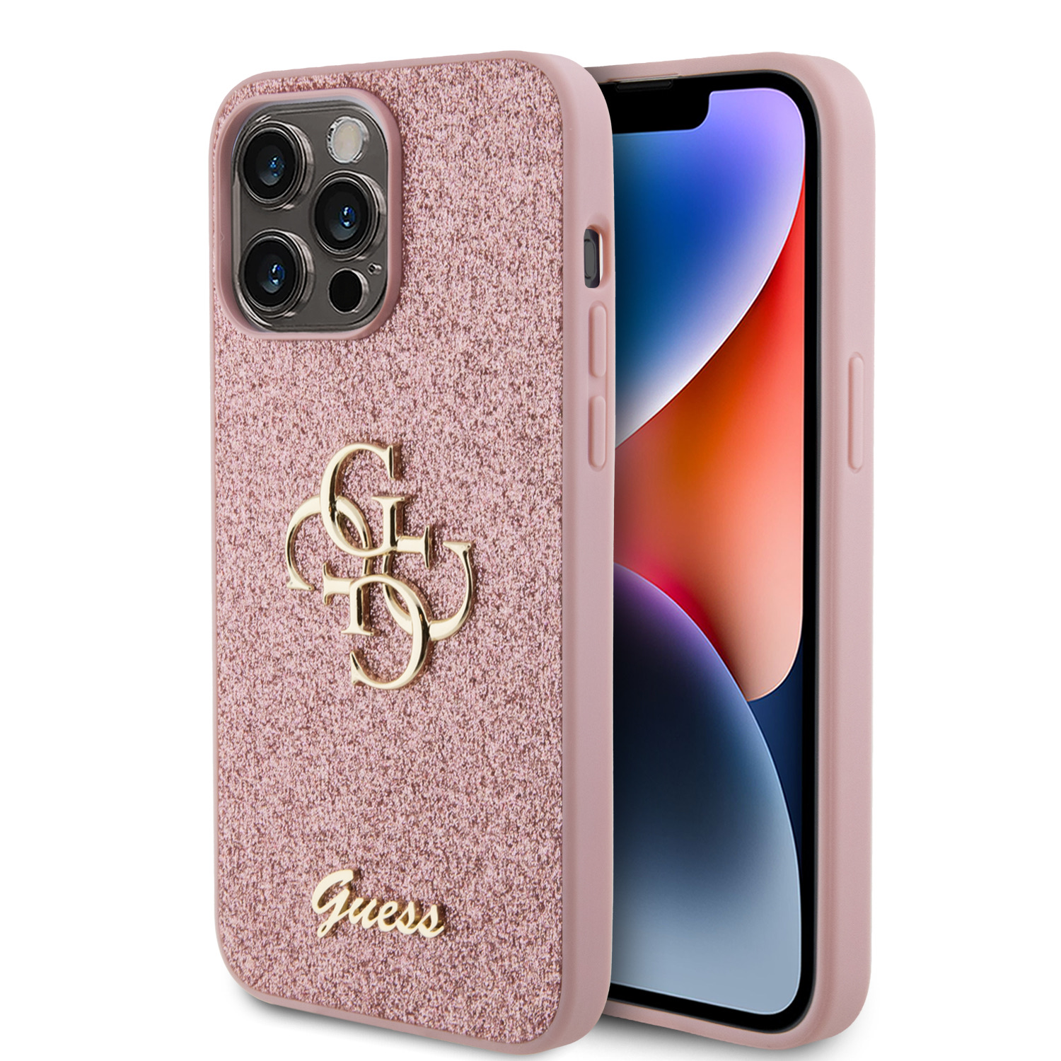 GUESS Калъф Apple iPhone 13, PU Fixed Glitter 4G Metal Logo, розов - GUHCP13MHG4SGP