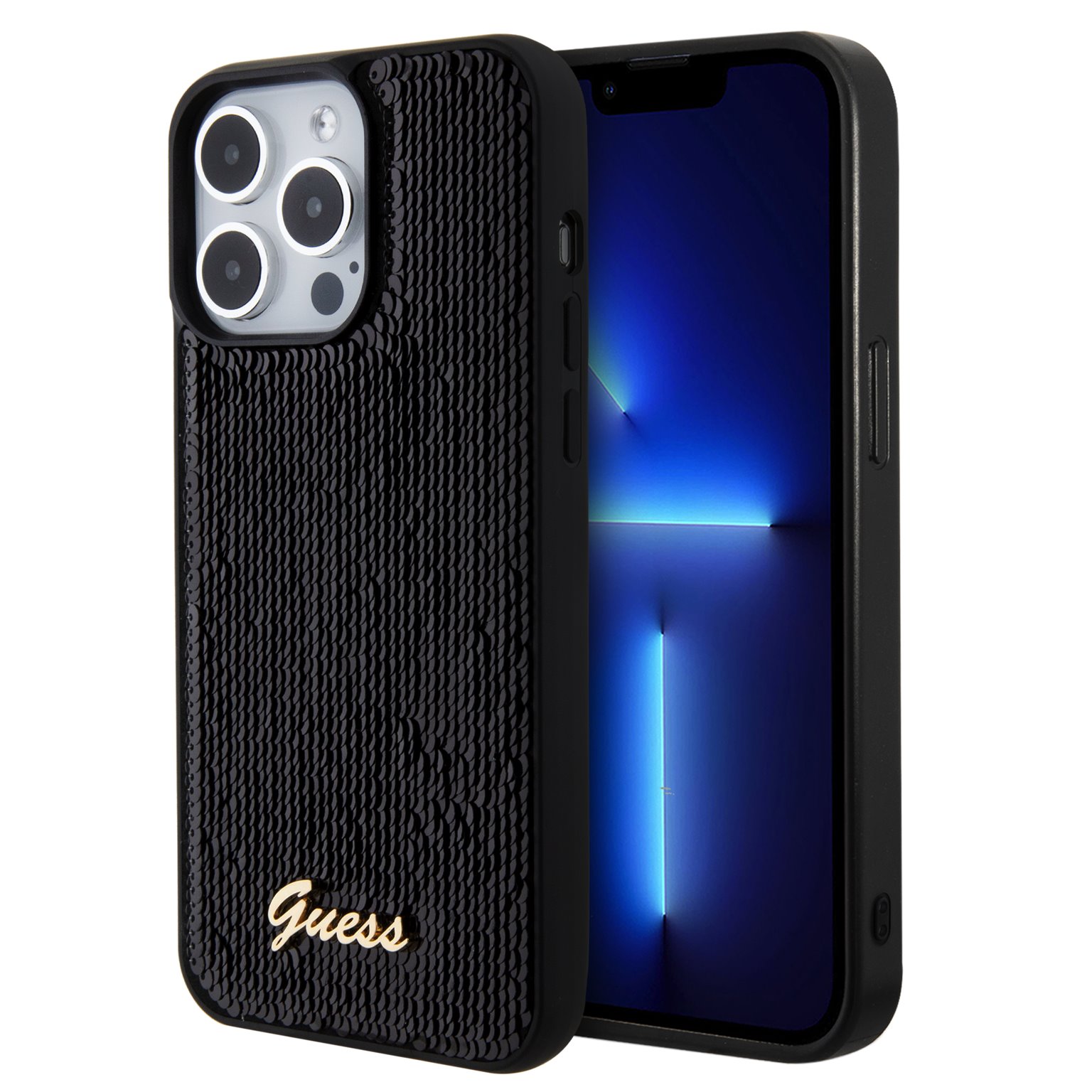 GUESS Калъф Apple iPhone 15 Pro Max, Sequin Script Logo Case, черен - GUHCP15XPSFDGSK