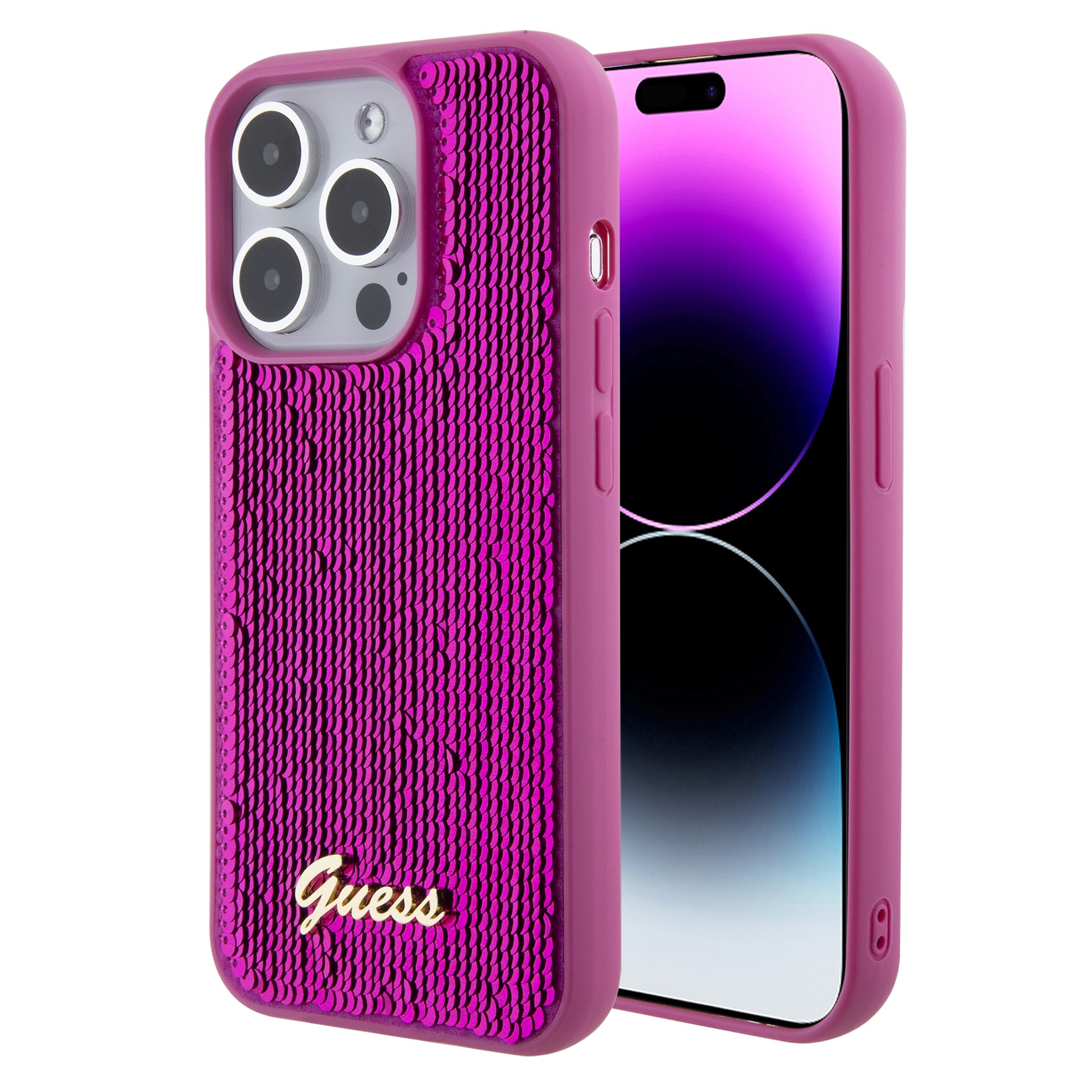 GUESS Калъф Apple iPhone 15 Pro Max, Sequin Script Logo, лилав - GUHCP15XPSFDGSF