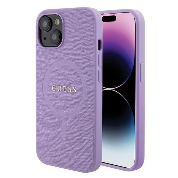 GUESS Калъф Apple iPhone 15, PU Saffiano MagSafe, лилав - GUHMP15SPSAHMCU