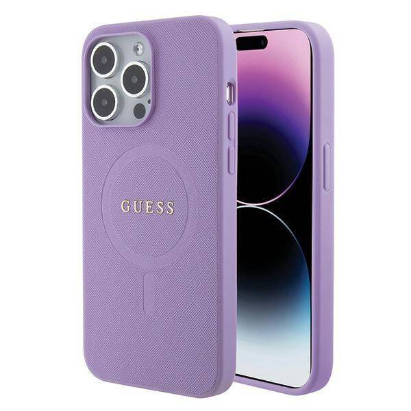 GUESS Калъф Apple iPhone 15 Pro, PU Saffiano MagSafe, лилав - GUHMP15LPSAHMCU
