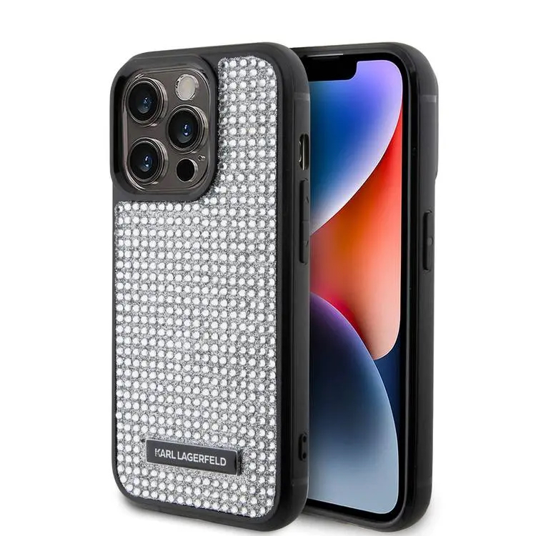 Karl Lagerfeld Калъф Apple iPhone 15 Pro, Rhinestone Plate Metal Logo, прозрачен - KLHCP15LHDSPLG