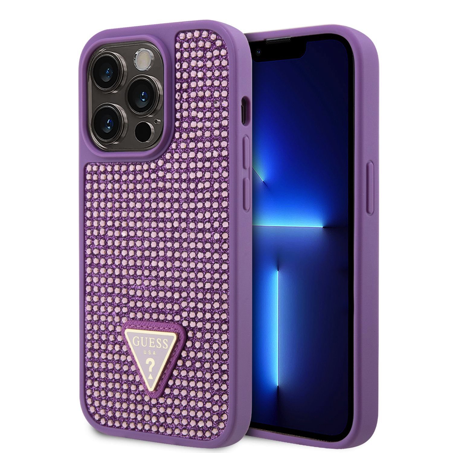 GUESS Калъф Apple iPhone 15 Pro Max, Rhinestones Triangle Metal Logo, лилав - GUHCP15XHDGTPU