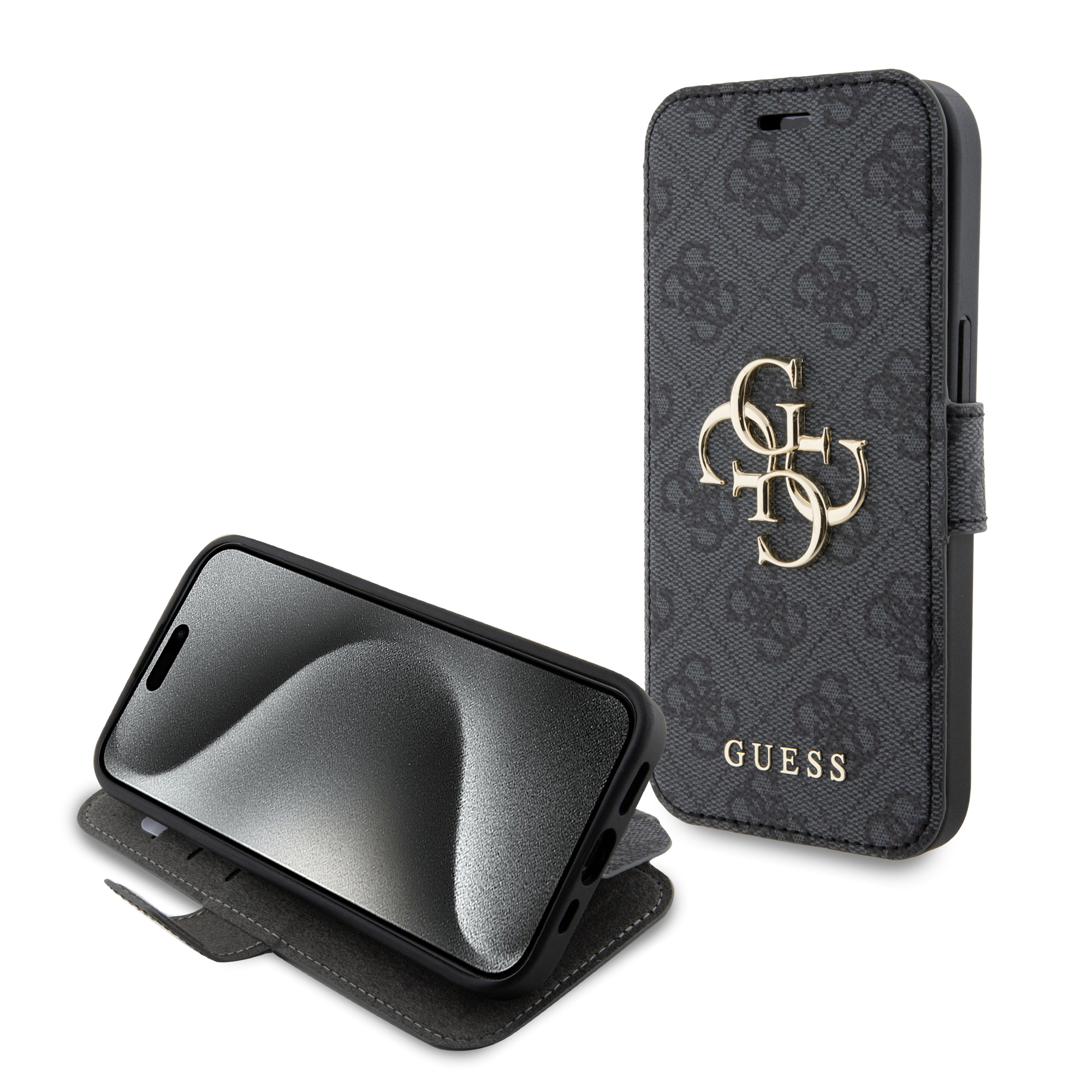 GUESS Калъф Apple iPhone 15 Pro Max, PU Leather 4G Metal Logo Book, черен - GUBKP15X4GMGGR