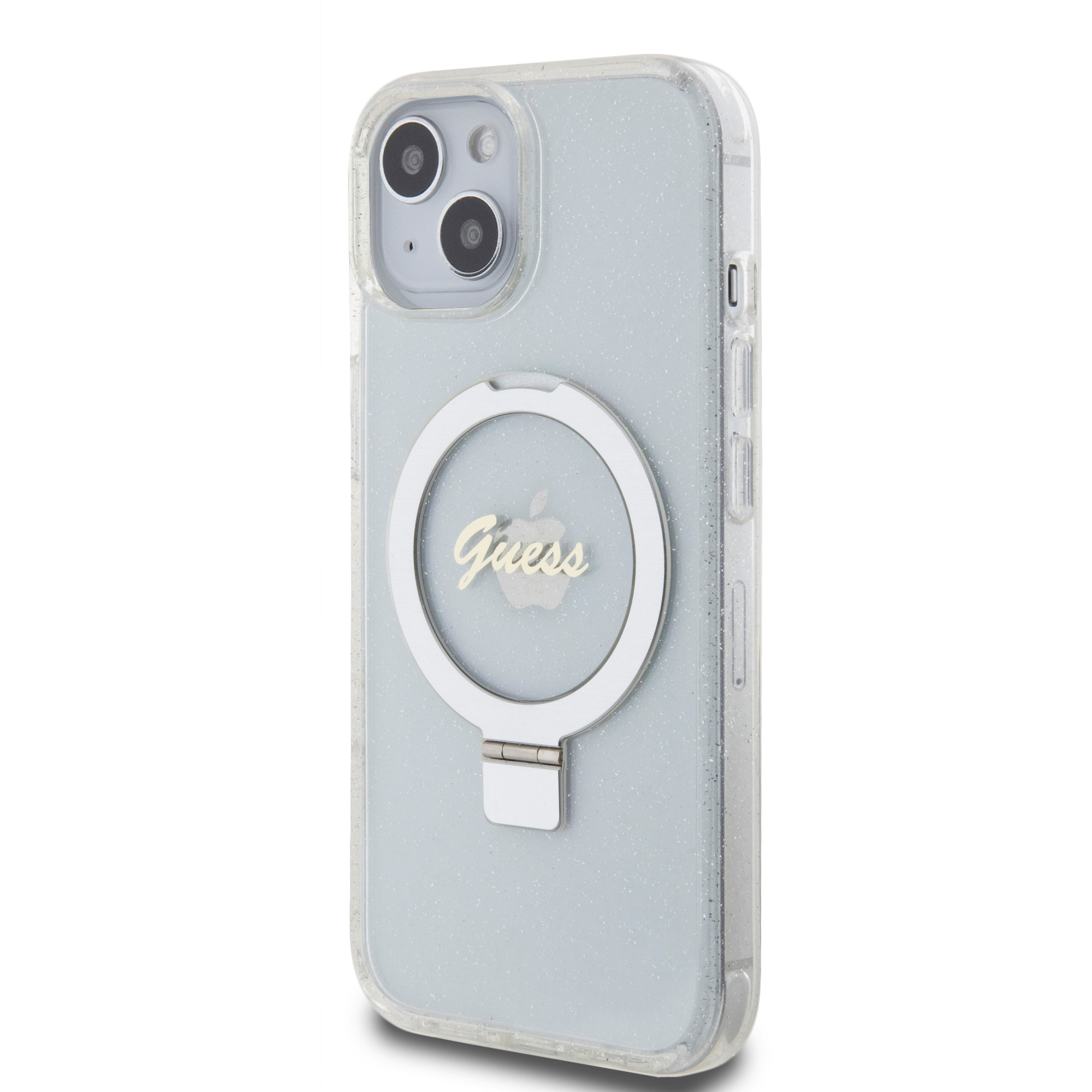 GUESS Калъф Apple iPhone 15, IML Ring Stand Glitter MagSafe, прозрачен - GUHMP15SHRSGSD