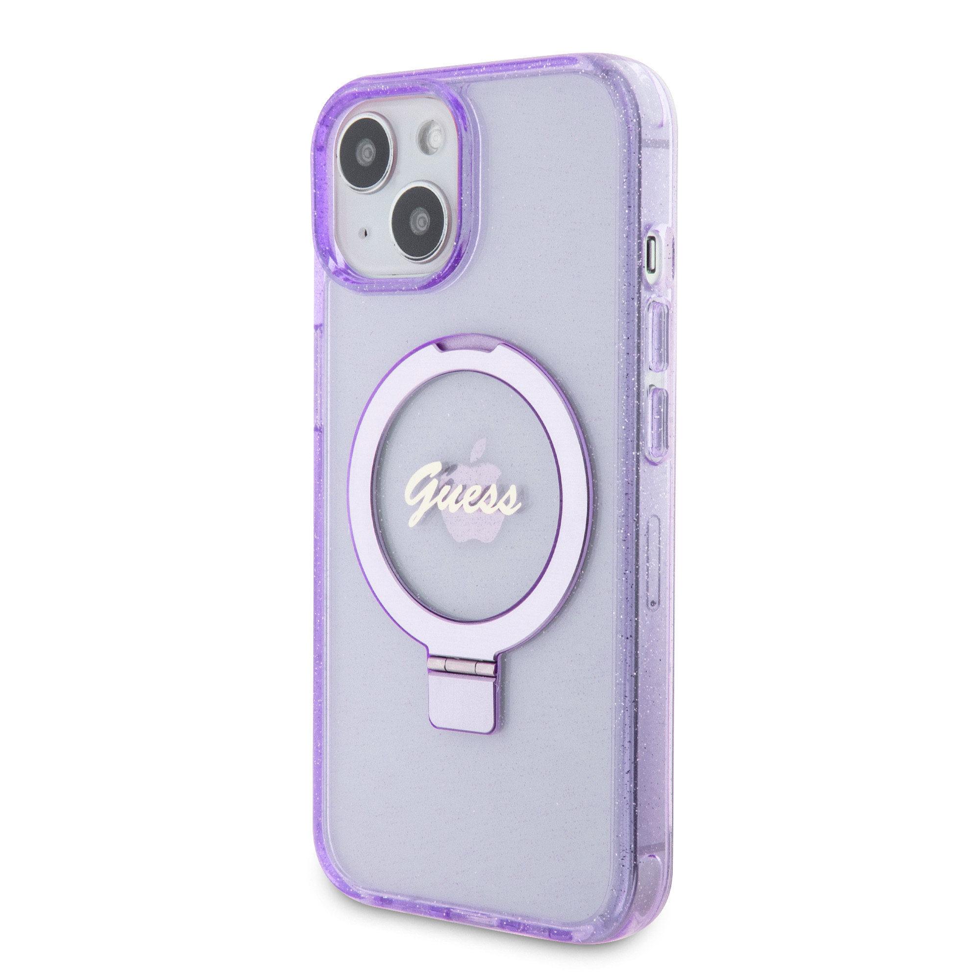 GUESS Калъф Apple iPhone 15, IML Ring Stand Glitter MagSafe, лилав - GUHMP15SHRSGSU