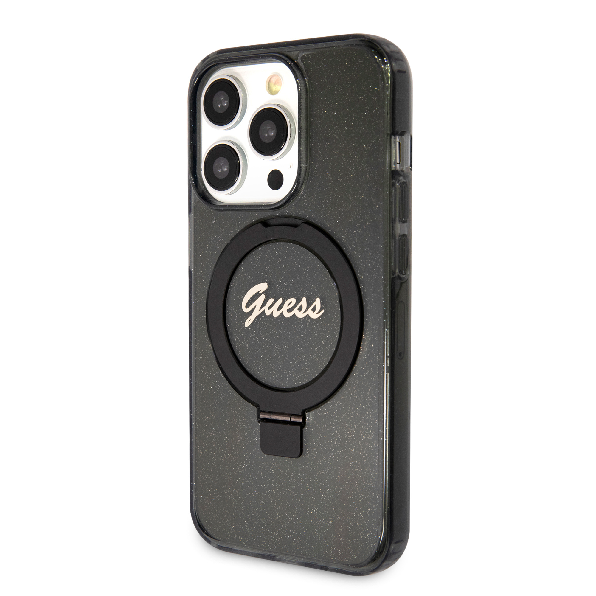 GUESS Калъф Apple iPhone 15 Pro Max, IML Ring Stand Glitter MagSafe, черен - GUHMP15XHRSGSK