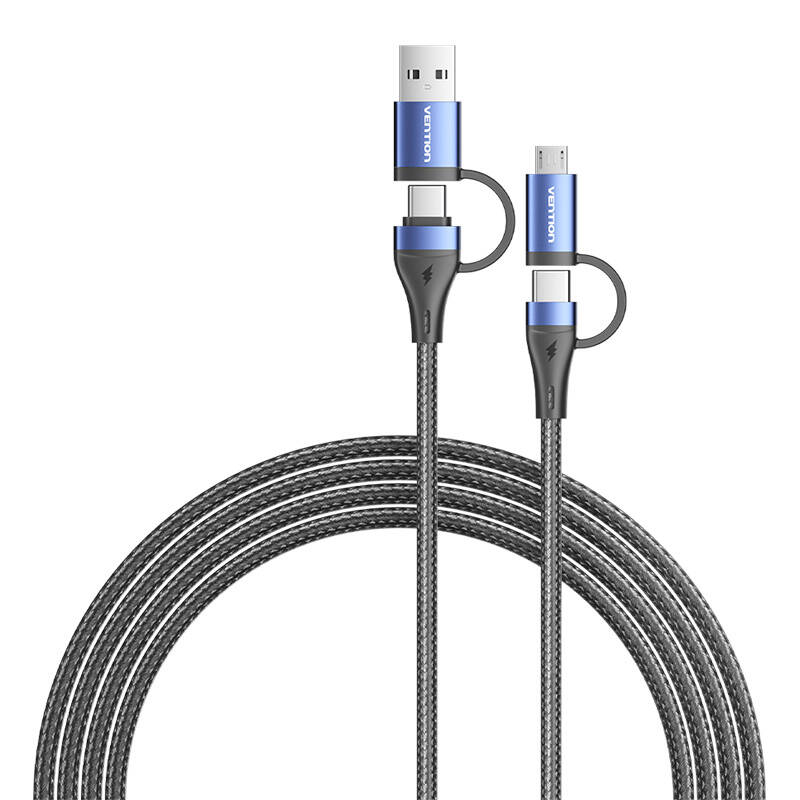 VENTION Кабел 4 в 1, USB-A+Type-C към Type-C+Micro USB, 1м, 100W /черно+синьо/