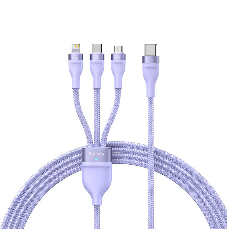 BASEUS Кабел 3 в 1, Type-C към Lightning+USB Type-C+Micro USB, 1.5м, 100W, 5A, Flash Series II, CASS030205 /лилав/